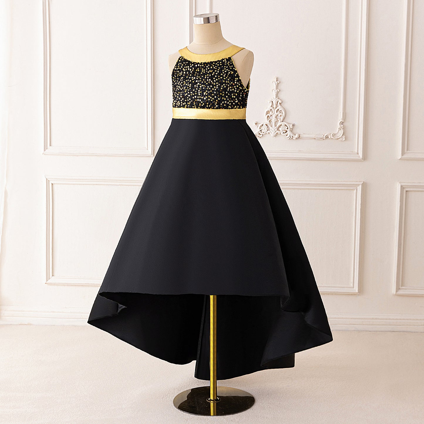 Cute Black Sequin High-Low A-Line Halter Dress for Girls (5-13 Years) | Party & Formal