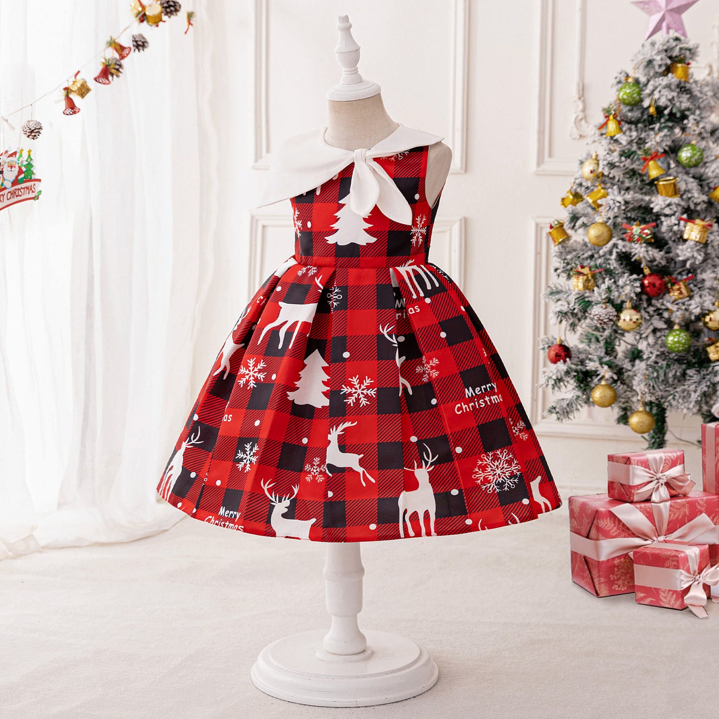 Burgundy Reindeer Snowflake Tea Dress for Girls – Christmas Cartoon Party Outfit
