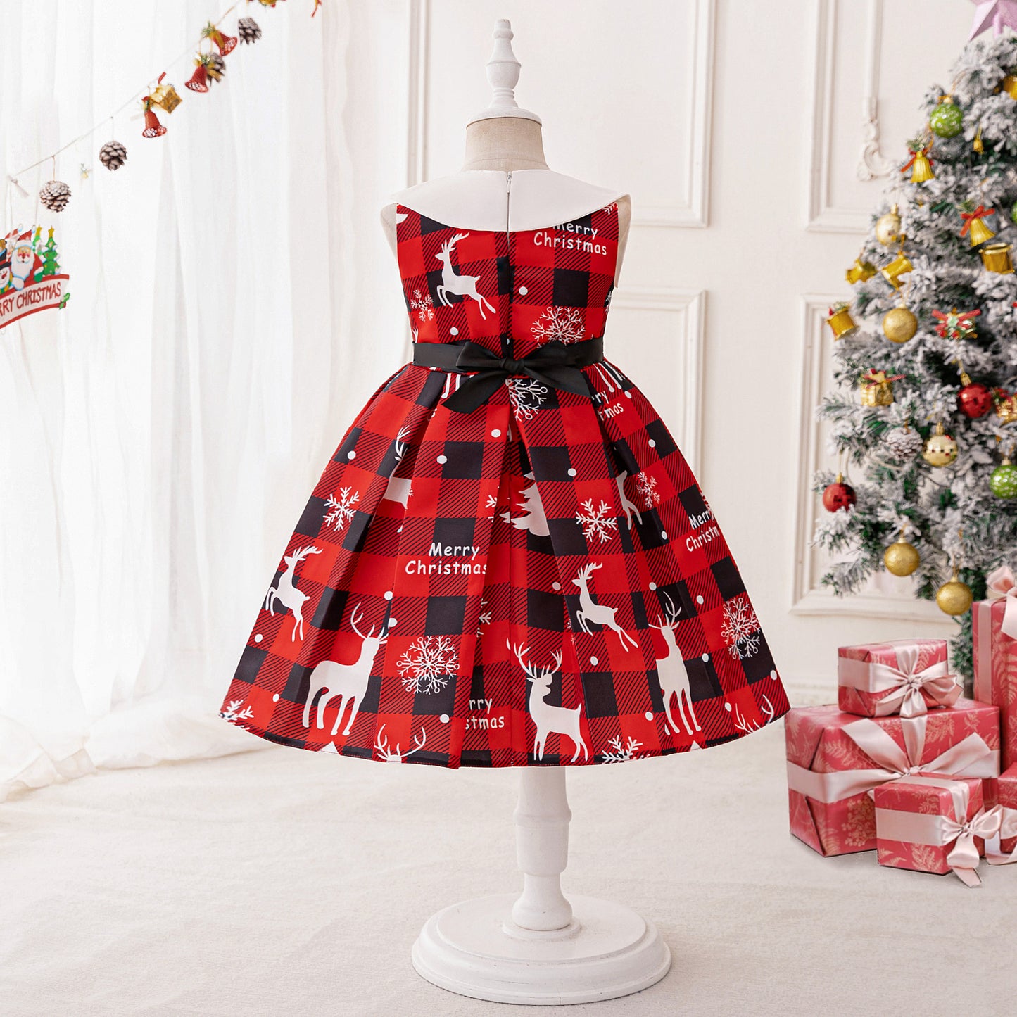 Burgundy Reindeer Snowflake Tea Dress for Girls – Christmas Cartoon Party Outfit