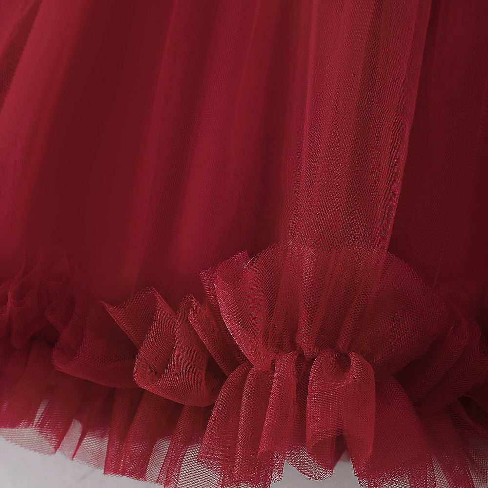 Burgundy Tulle Maxi Dress for Girls – Sweetheart Neck & Bowknot | Flower Girl & Party Gown