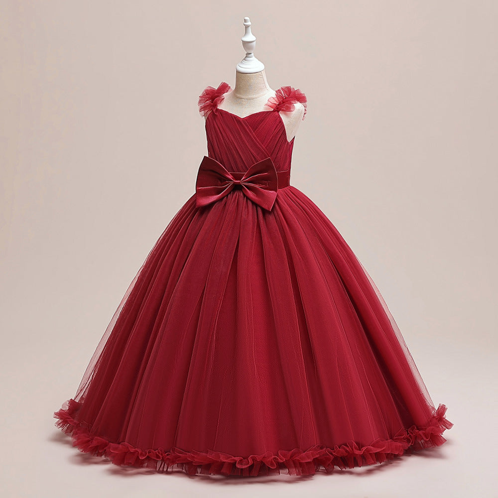 Burgundy Tulle Maxi Dress for Girls – Sweetheart Neck & Bowknot | Flower Girl & Party Gown