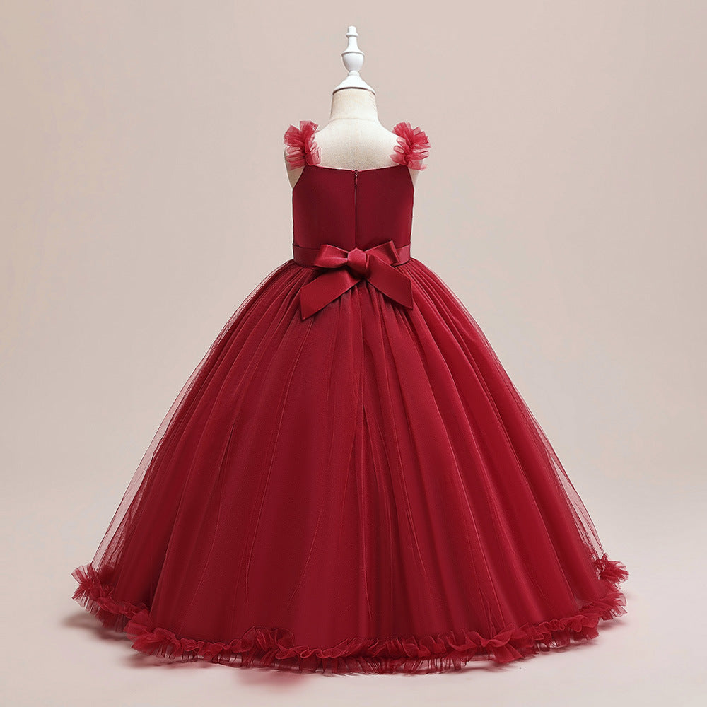 Burgundy Tulle Maxi Dress for Girls – Sweetheart Neck & Bowknot | Flower Girl & Party Gown