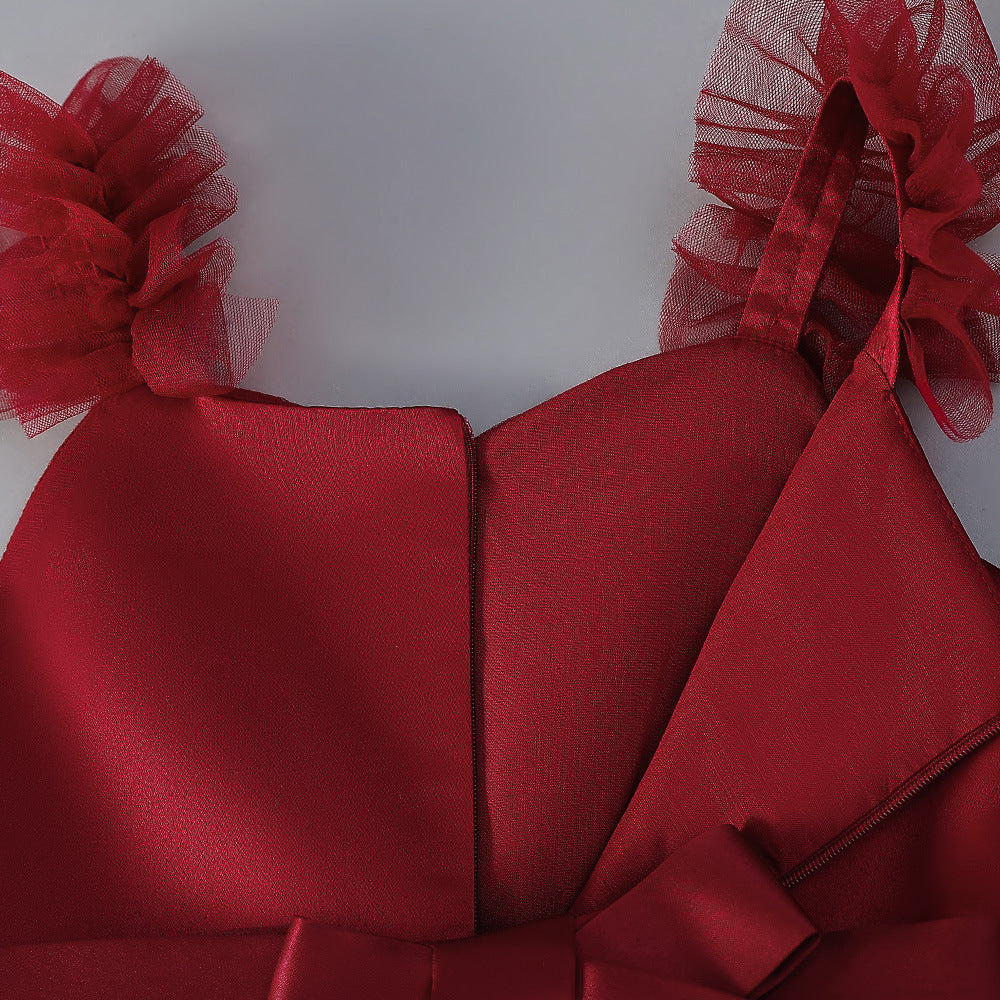 Burgundy Tulle Maxi Dress for Girls – Sweetheart Neck & Bowknot | Flower Girl & Party Gown