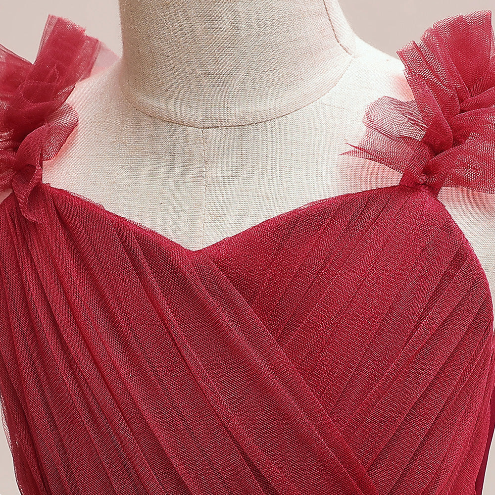 Burgundy Tulle Maxi Dress for Girls – Sweetheart Neck & Bowknot | Flower Girl & Party Gown