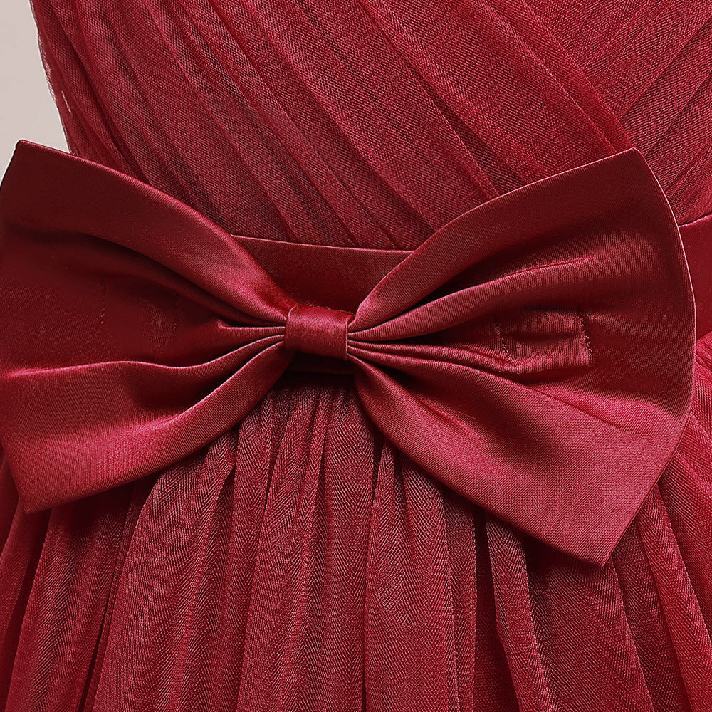 Burgundy Tulle Maxi Dress for Girls – Sweetheart Neck & Bowknot | Flower Girl & Party Gown