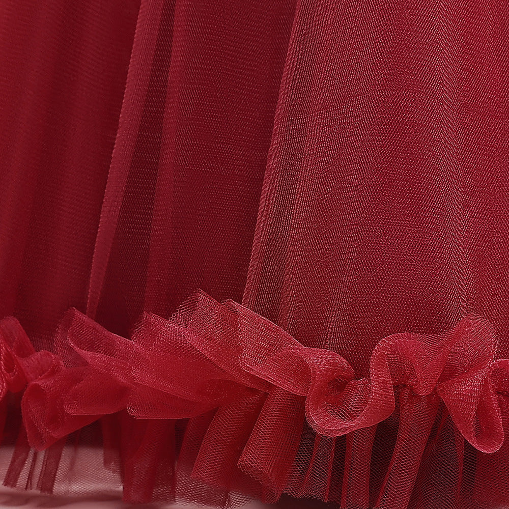 Burgundy Tulle Maxi Dress for Girls – Sweetheart Neck & Bowknot | Flower Girl & Party Gown