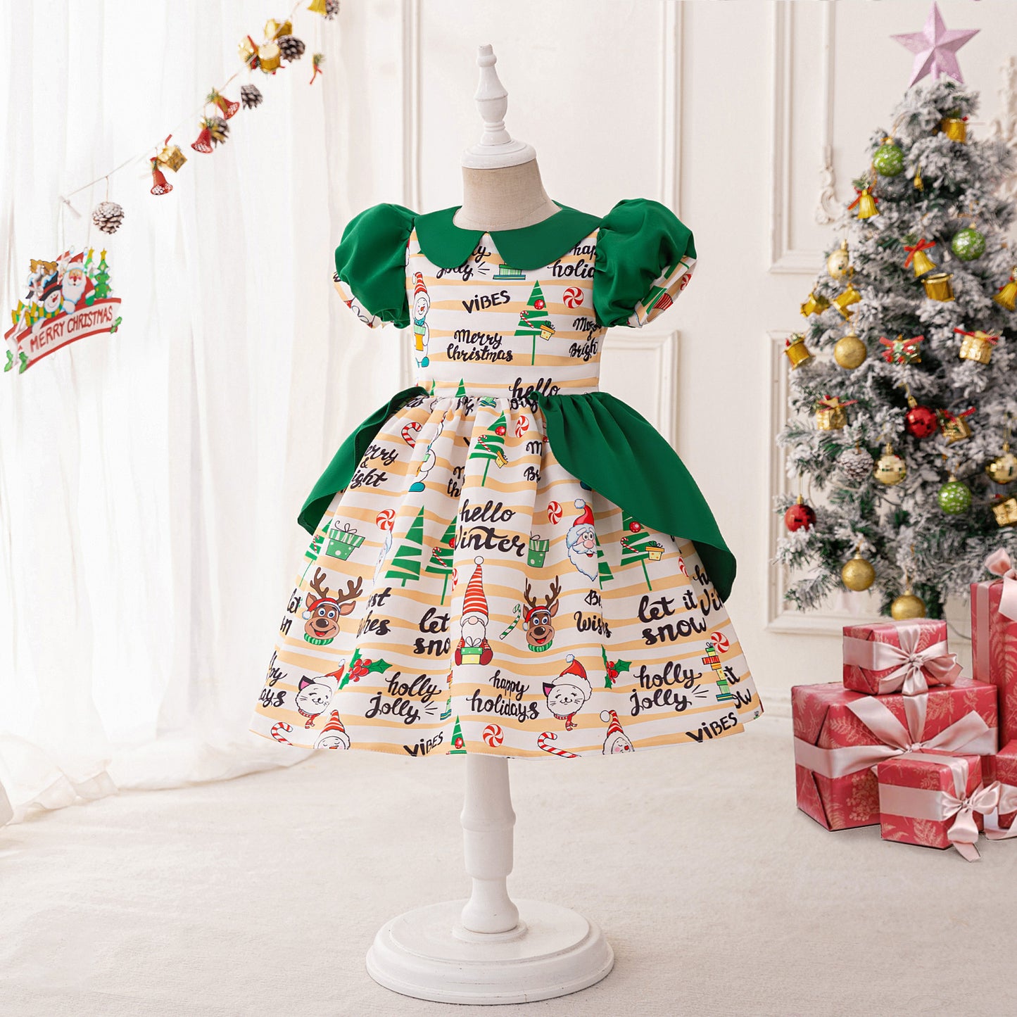 Dark Green Christmas Princess Ball Gown for Girls – Cartoon Print Puffy Dress