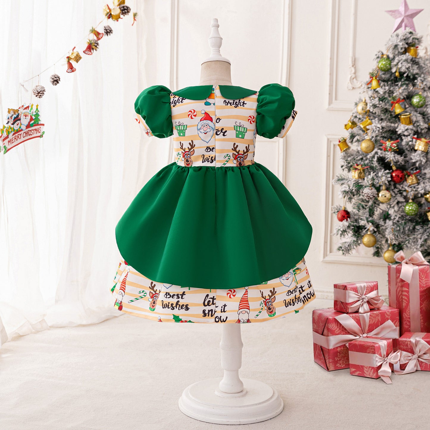 Dark Green Christmas Princess Ball Gown for Girls – Cartoon Print Puffy Dress