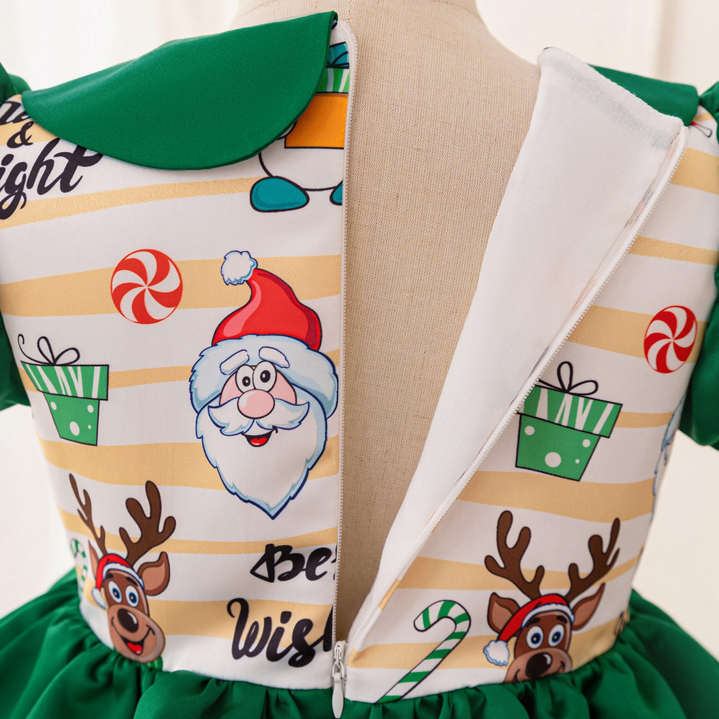 Dark Green Christmas Princess Ball Gown for Girls – Cartoon Print Puffy Dress