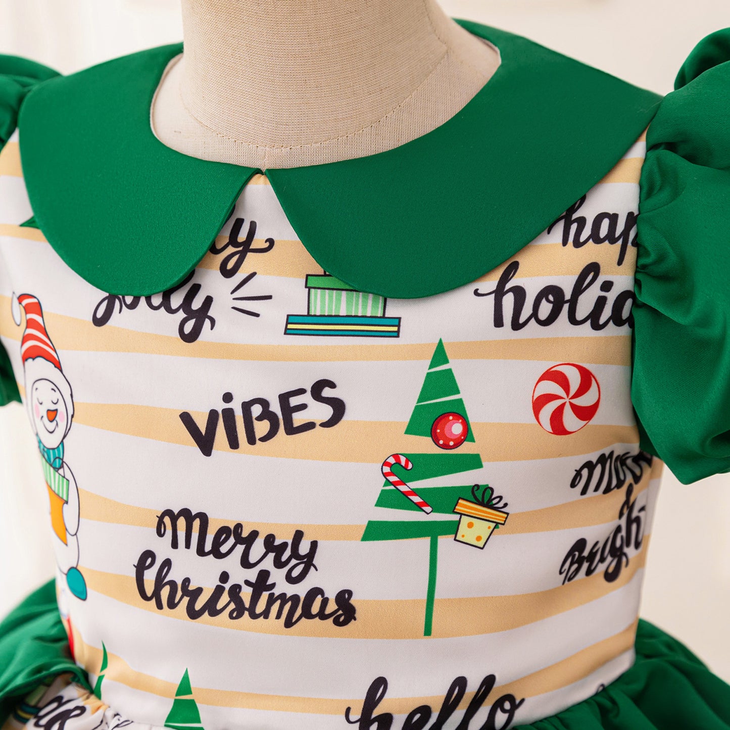 Dark Green Christmas Princess Ball Gown for Girls – Cartoon Print Puffy Dress