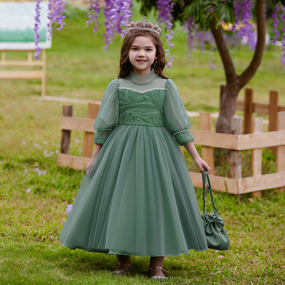 Girls Green Princess Maxi Tulle Dress with Sequins & Puff Sleeves