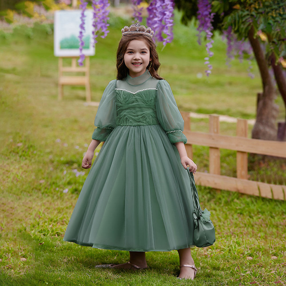 Girls Green Princess Maxi Tulle Dress with Sequins & Puff Sleeves