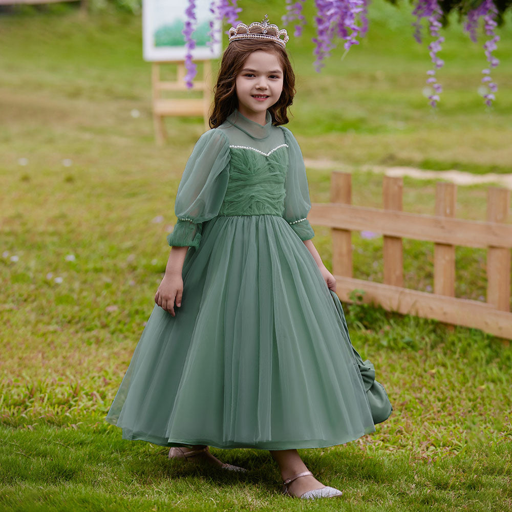 Girls Green Princess Maxi Tulle Dress with Sequins & Puff Sleeves
