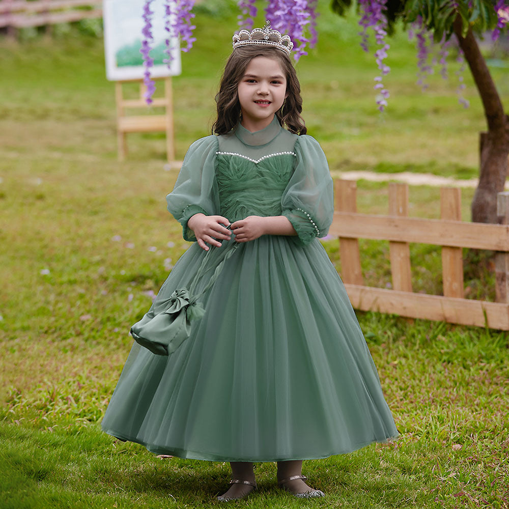 Girls Green Princess Maxi Tulle Dress with Sequins & Puff Sleeves