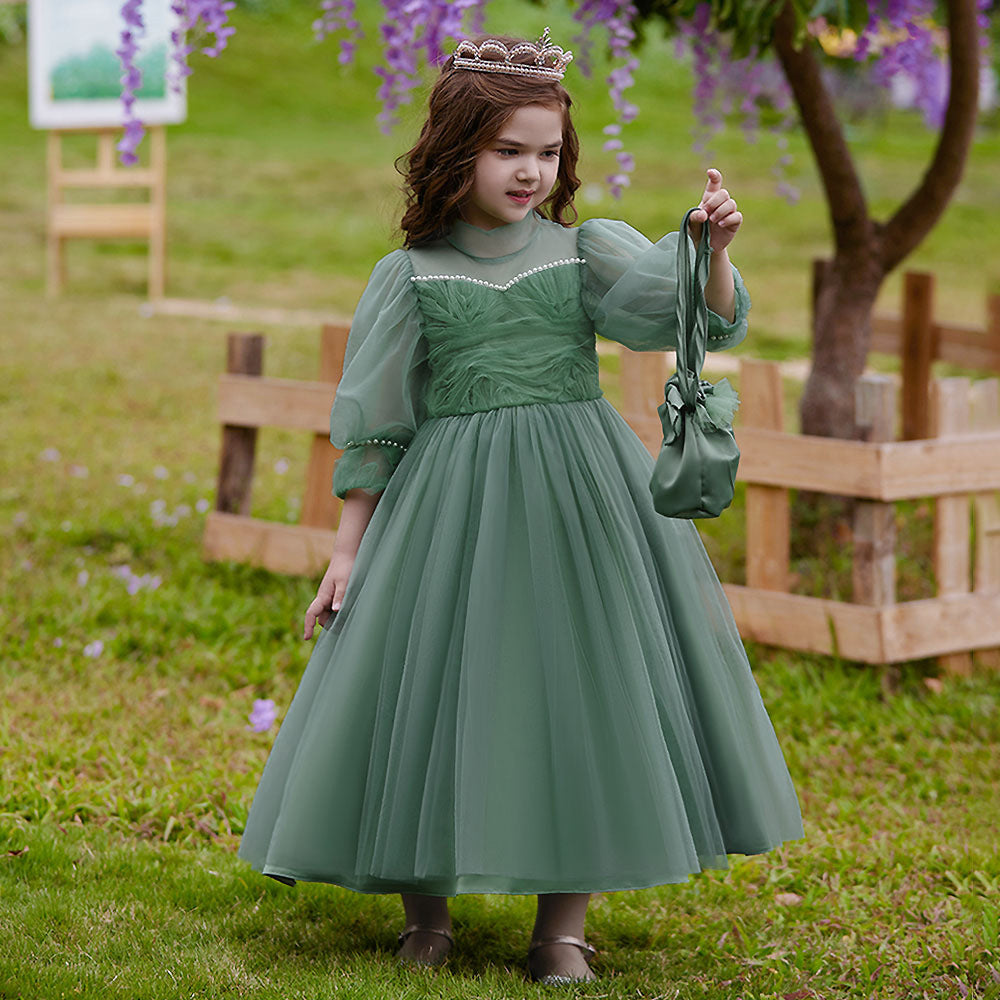 Girls Green Princess Maxi Tulle Dress with Sequins & Puff Sleeves