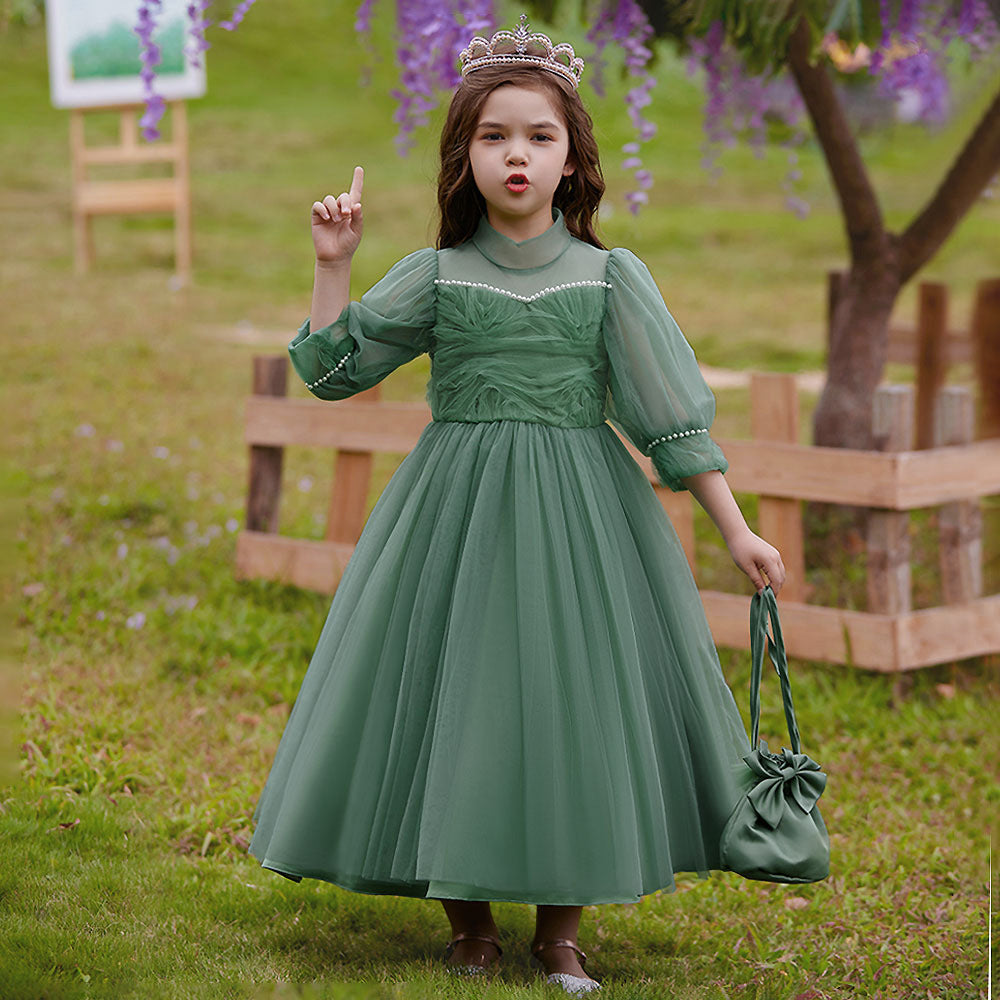Girls Green Princess Maxi Tulle Dress with Sequins & Puff Sleeves