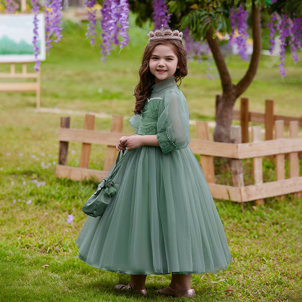 Girls Green Princess Maxi Tulle Dress with Sequins & Puff Sleeves