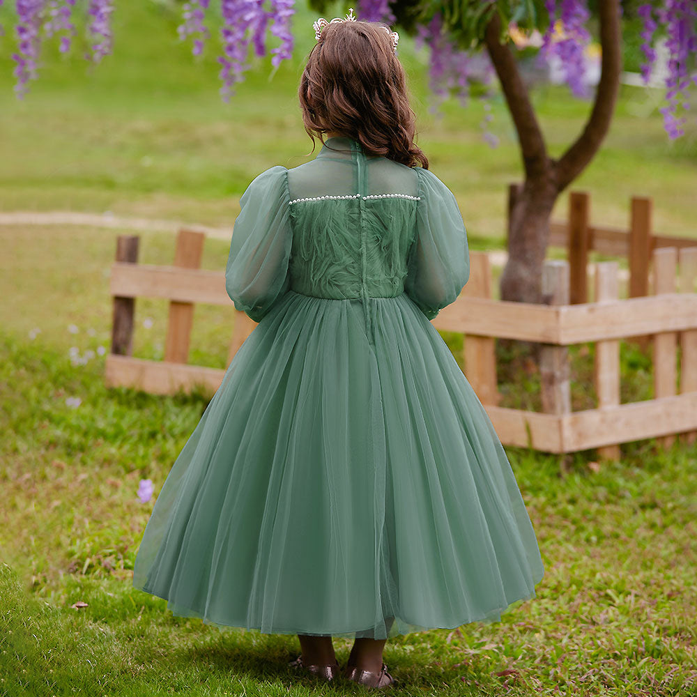 Girls Green Princess Maxi Tulle Dress with Sequins & Puff Sleeves