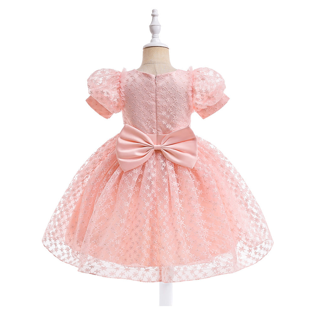 Girls Puffy Lace Ball Gown Dress with Bowknot – Princess Formal Party Dress