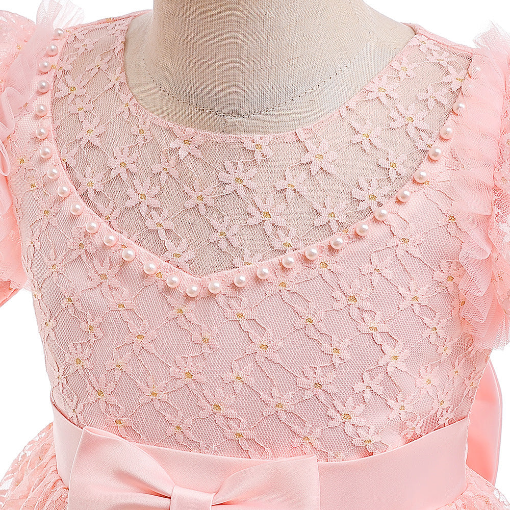 Girls Puffy Lace Ball Gown Dress with Bowknot – Princess Formal Party Dress