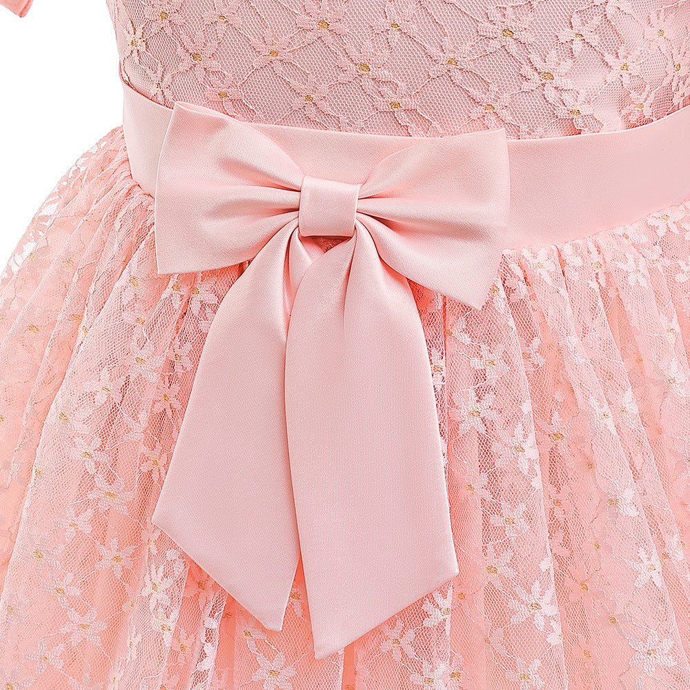 Girls Puffy Lace Ball Gown Dress with Bowknot – Princess Formal Party Dress