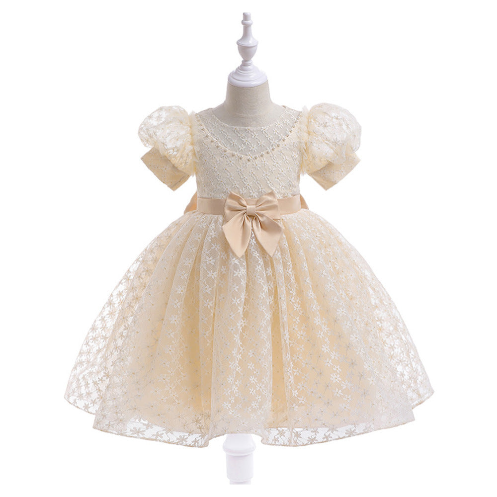 Girls Puffy Lace Ball Gown Dress with Bowknot – Princess Formal Party Dress