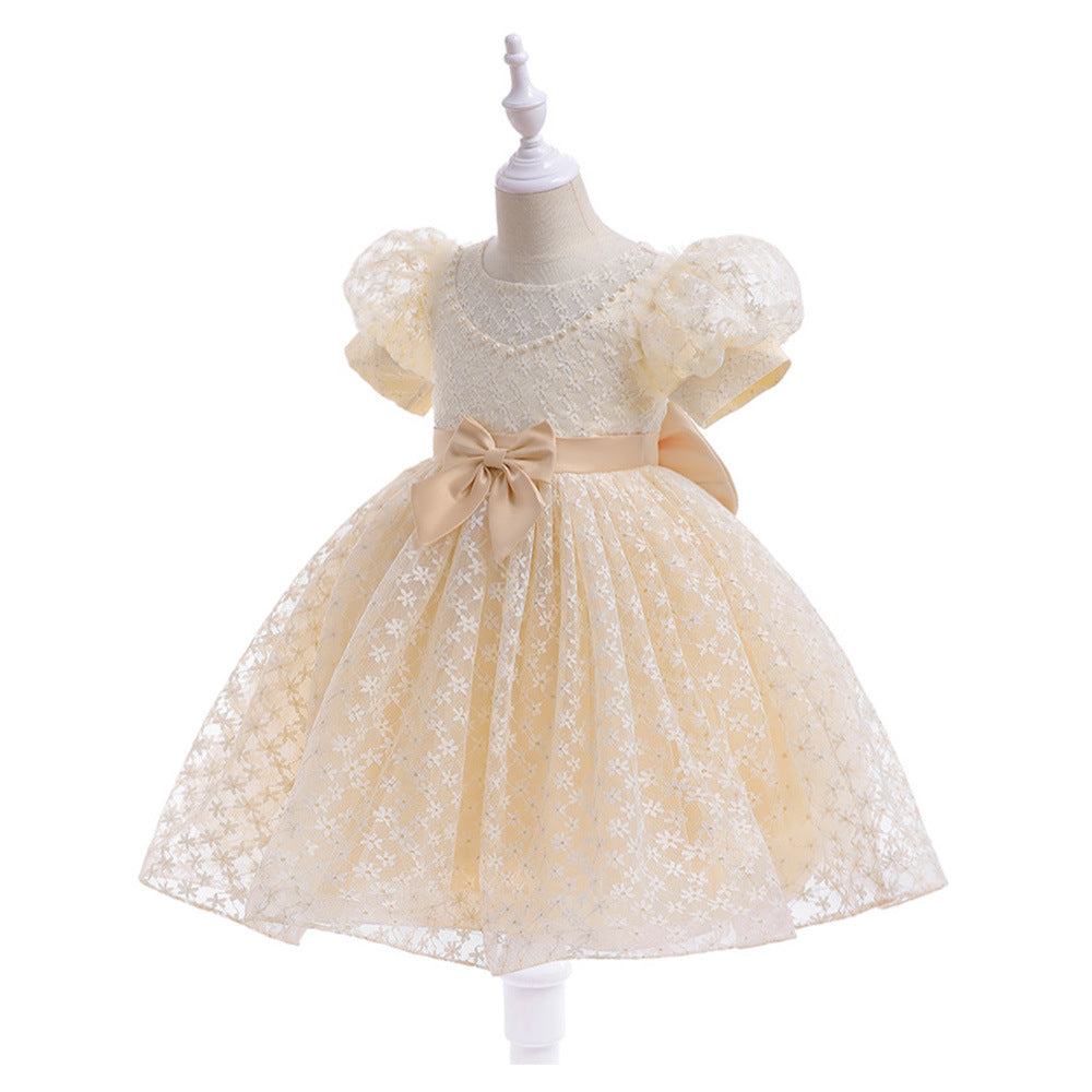 Girls Puffy Lace Ball Gown Dress with Bowknot – Princess Formal Party Dress