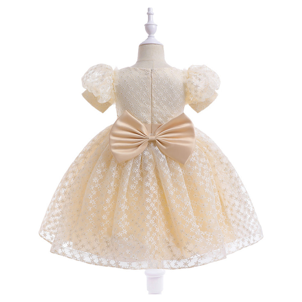 Girls Puffy Lace Ball Gown Dress with Bowknot – Princess Formal Party Dress