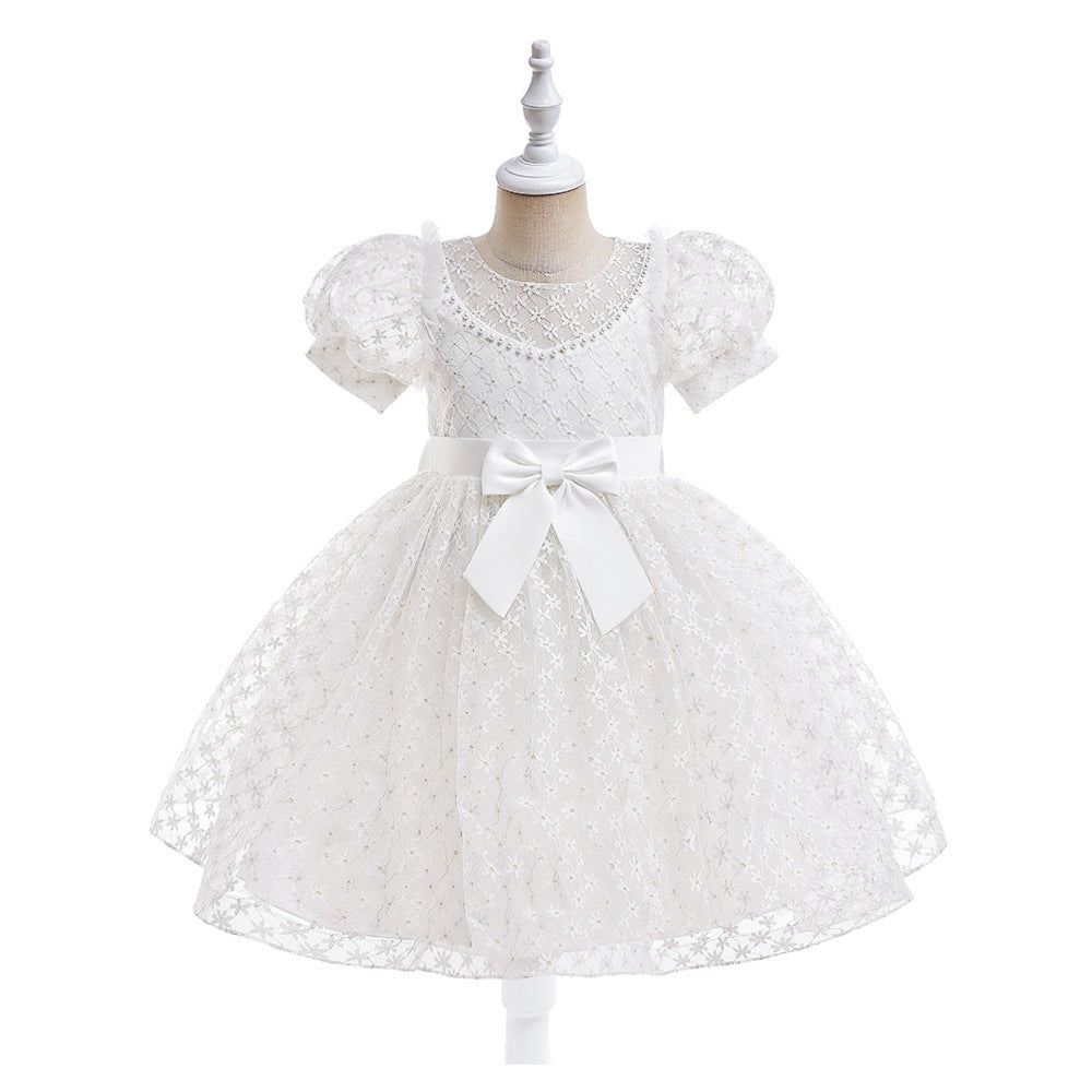 Girls Puffy Lace Ball Gown Dress with Bowknot – Princess Formal Party Dress