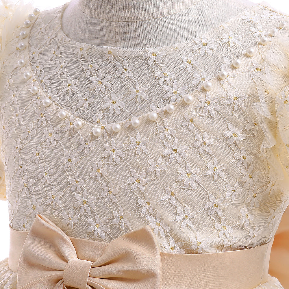 Girls Puffy Lace Ball Gown Dress with Bowknot – Princess Formal Party Dress