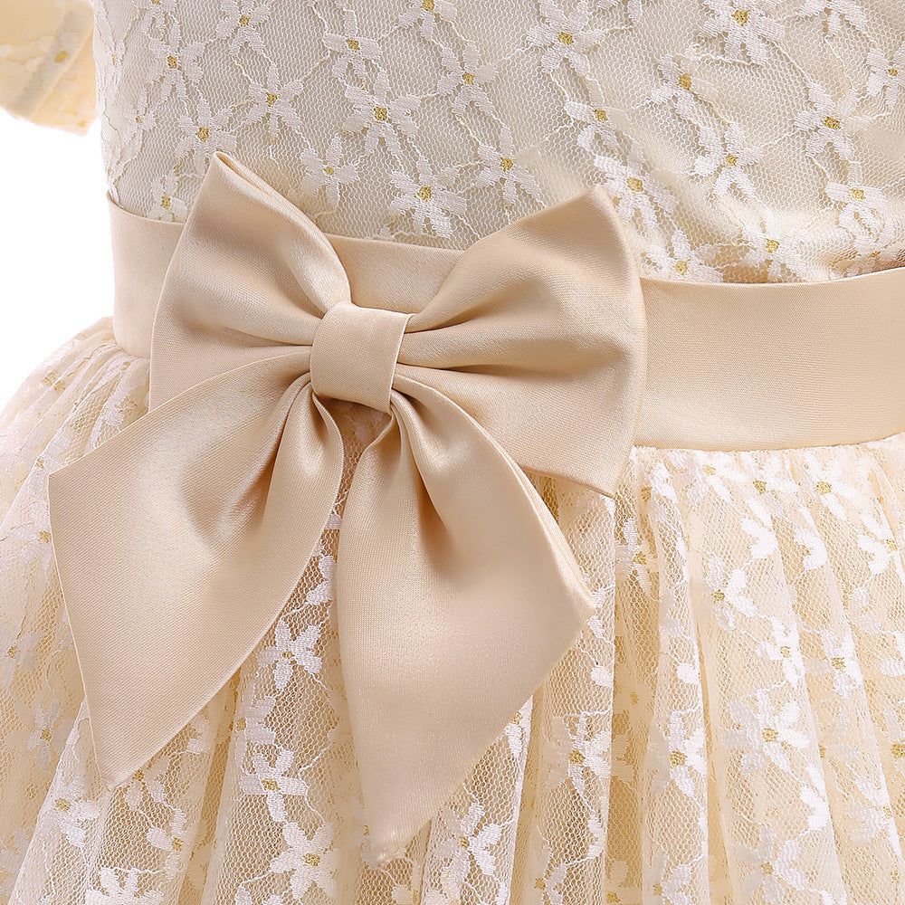 Girls Puffy Lace Ball Gown Dress with Bowknot – Princess Formal Party Dress