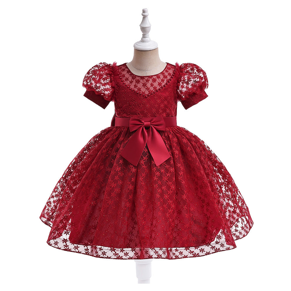 Girls Puffy Lace Ball Gown Dress with Bowknot – Princess Formal Party Dress