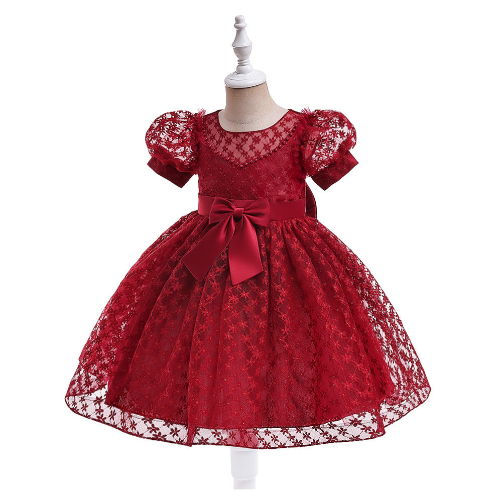Girls Puffy Lace Ball Gown Dress with Bowknot – Princess Formal Party Dress