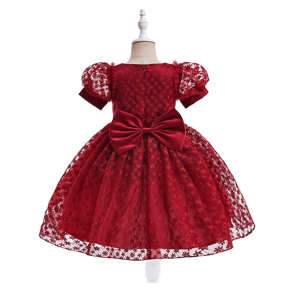 Girls Puffy Lace Ball Gown Dress with Bowknot – Princess Formal Party Dress