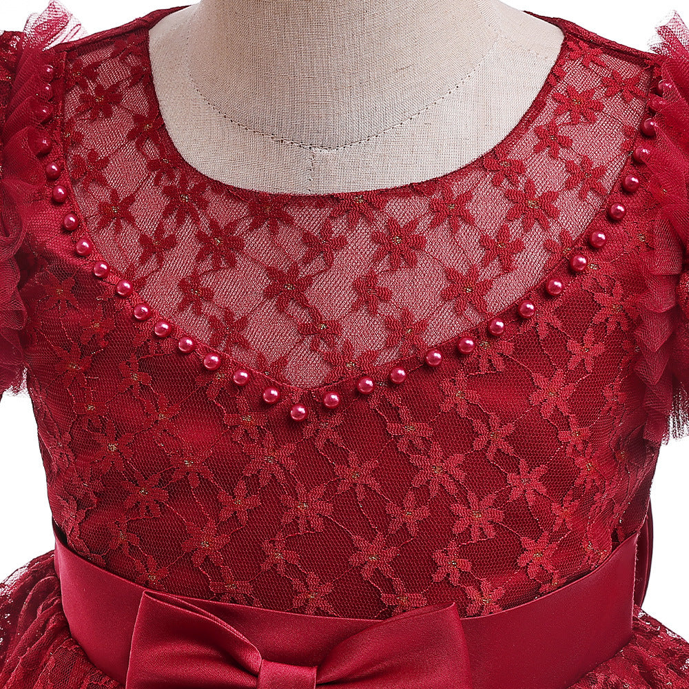 Girls Puffy Lace Ball Gown Dress with Bowknot – Princess Formal Party Dress