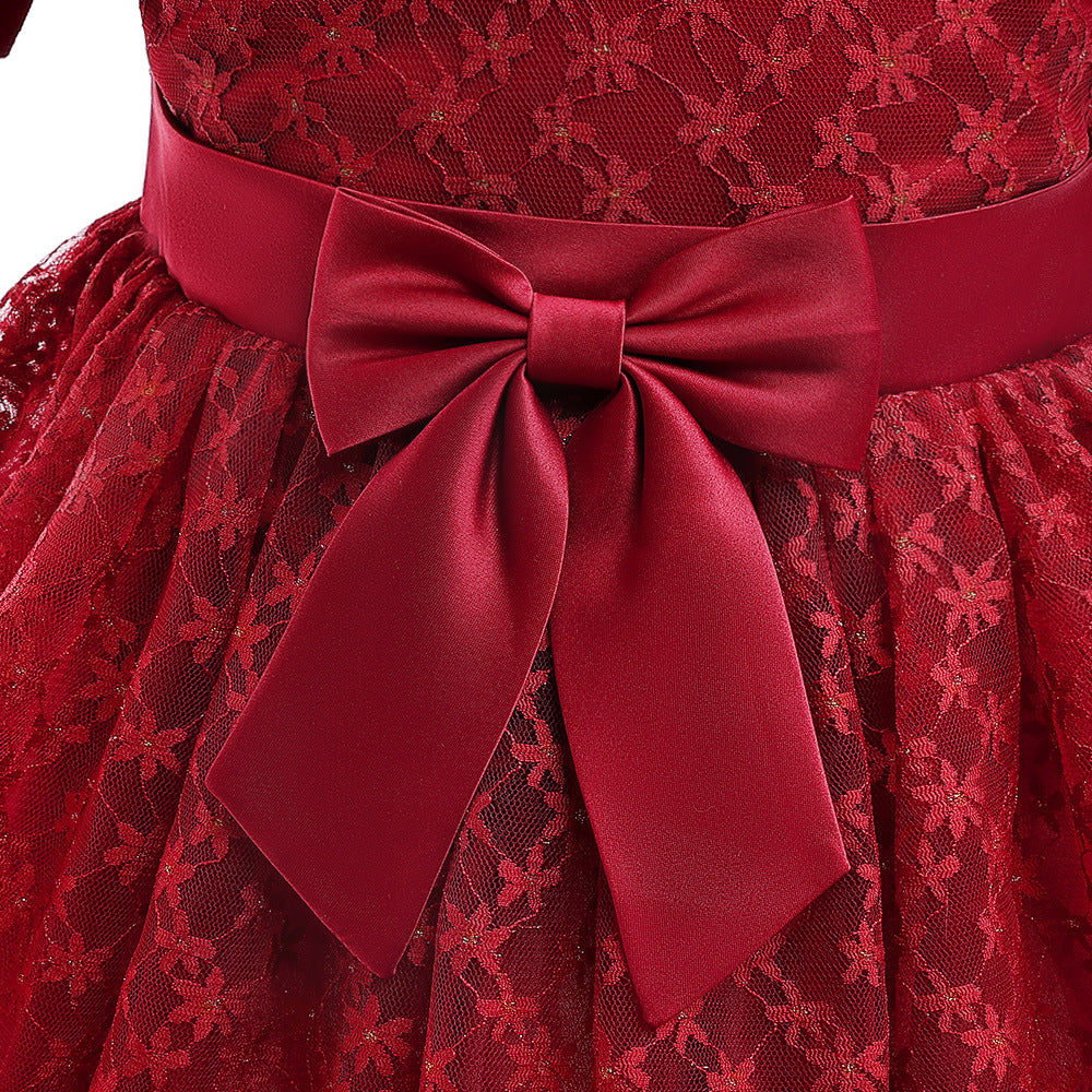Girls Puffy Lace Ball Gown Dress with Bowknot – Princess Formal Party Dress