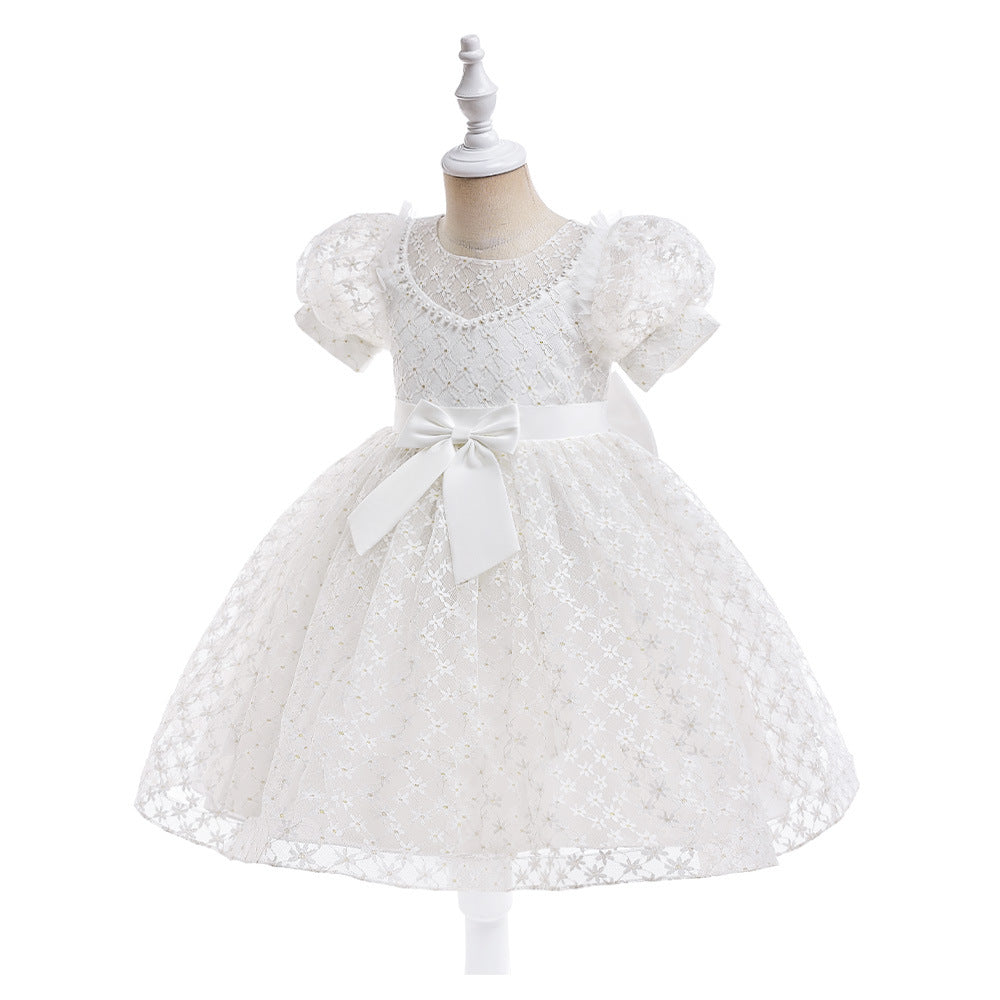 Girls Puffy Lace Ball Gown Dress with Bowknot – Princess Formal Party Dress
