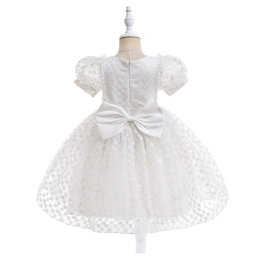 Girls Puffy Lace Ball Gown Dress with Bowknot – Princess Formal Party Dress
