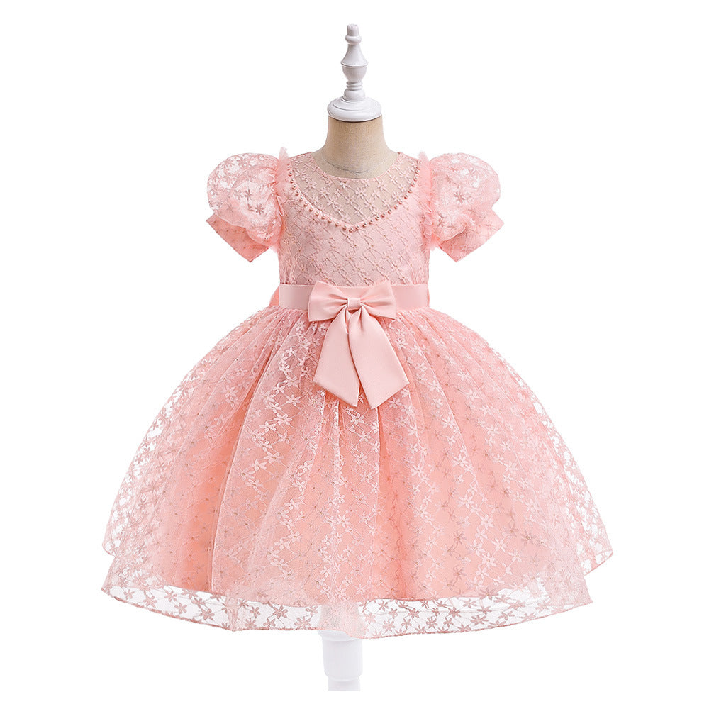 Girls Puffy Lace Ball Gown Dress with Bowknot – Princess Formal Party Dress