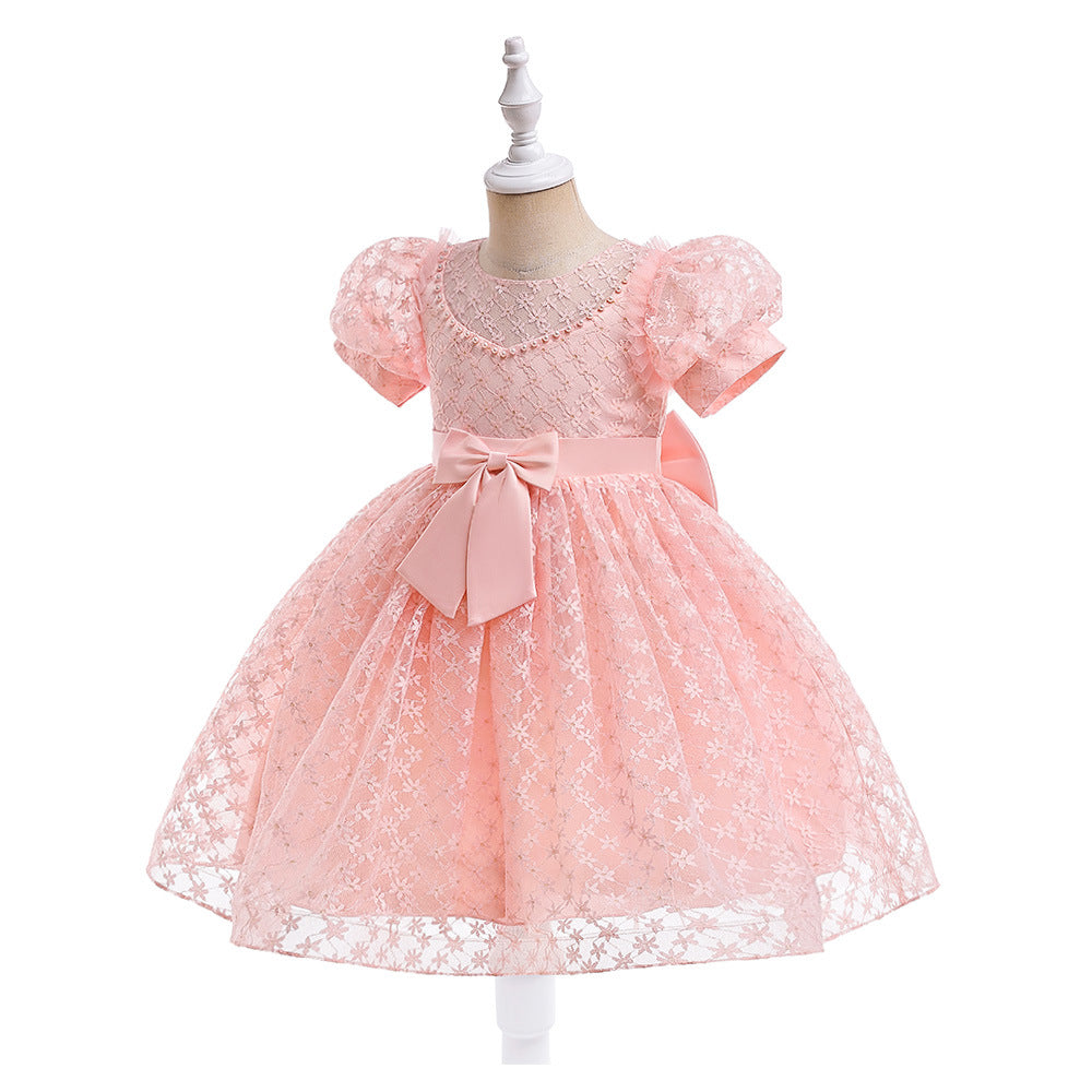Girls Puffy Lace Ball Gown Dress with Bowknot – Princess Formal Party Dress