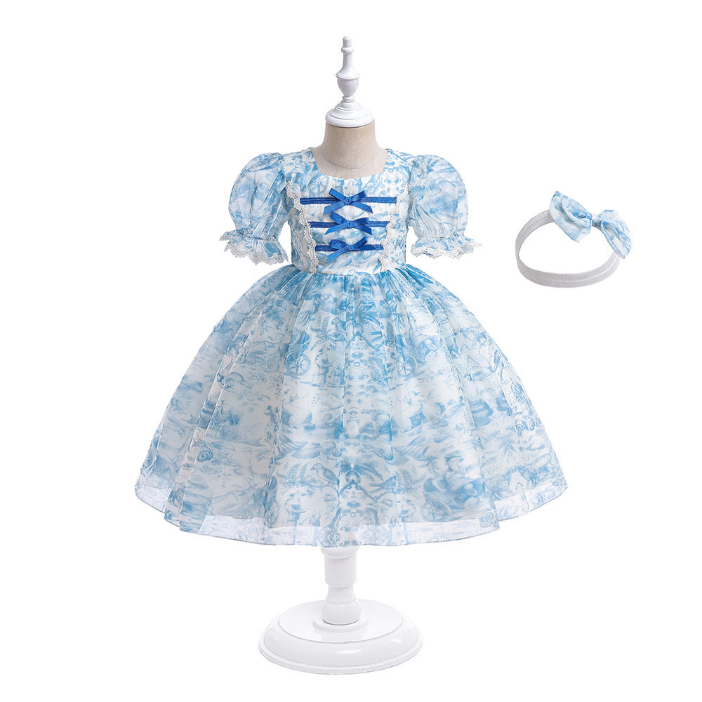 Light Blue Girls Princess A-Line Floral Tulle Dress for Parties, Weddings & Events