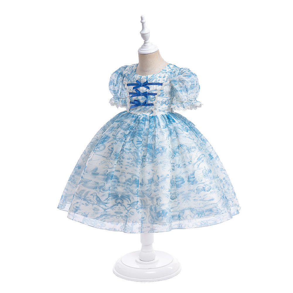 Light Blue Girls Princess A-Line Floral Tulle Dress for Parties, Weddings & Events