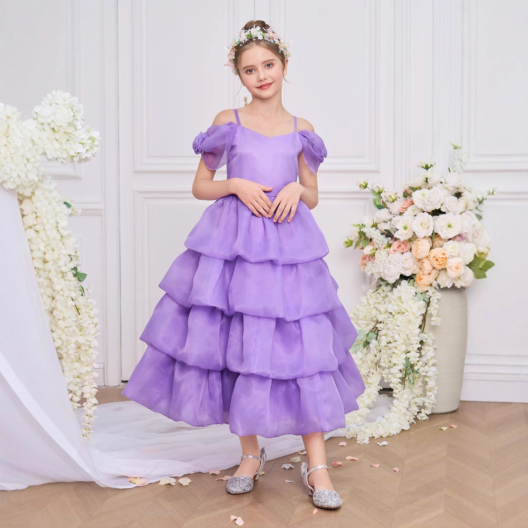 Purple Off-Shoulder Tiered Organza Maxi Dress for Girls (5-13Y) – Party & Formal Wear