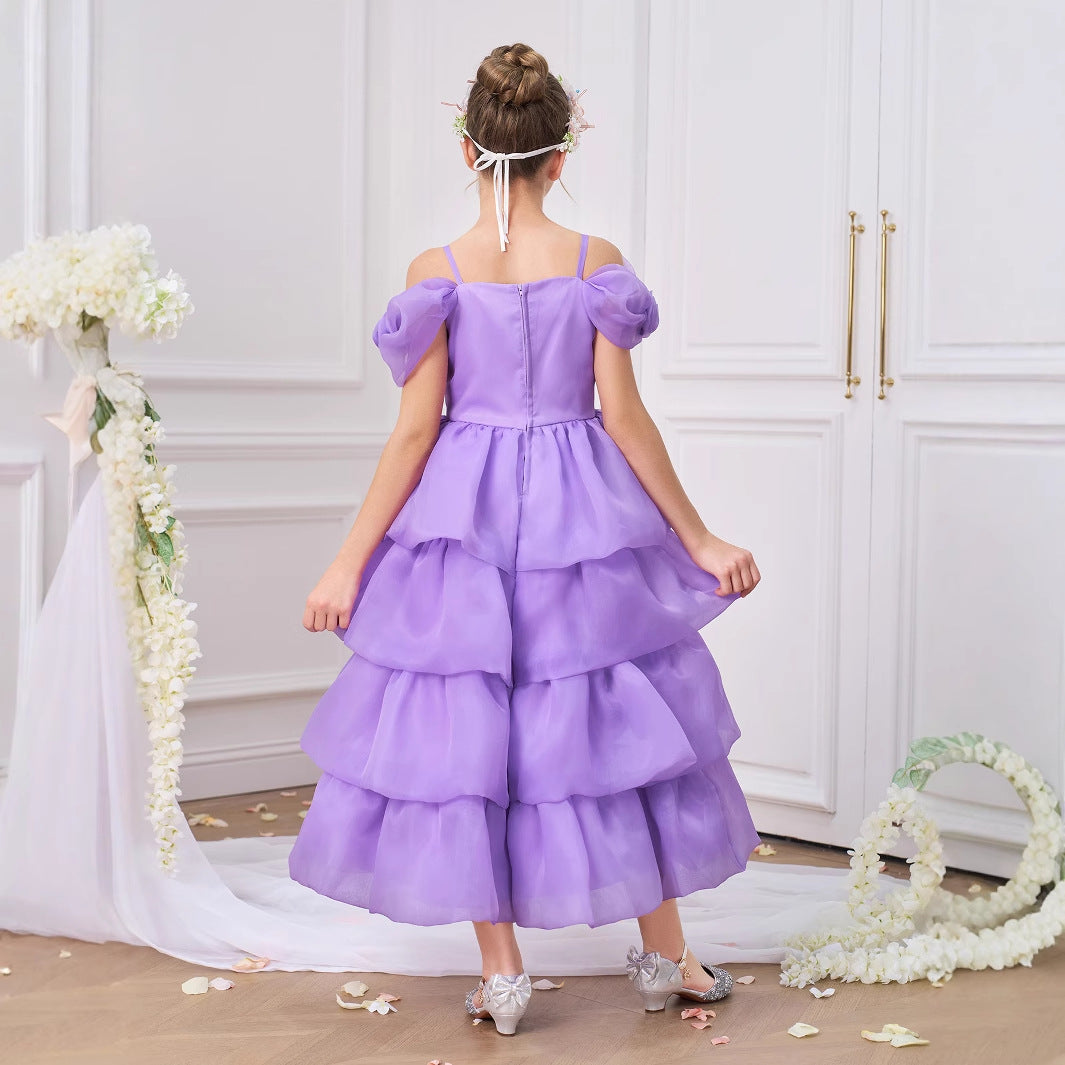 Purple Off-Shoulder Tiered Organza Maxi Dress for Girls (5-13Y) – Party & Formal Wear