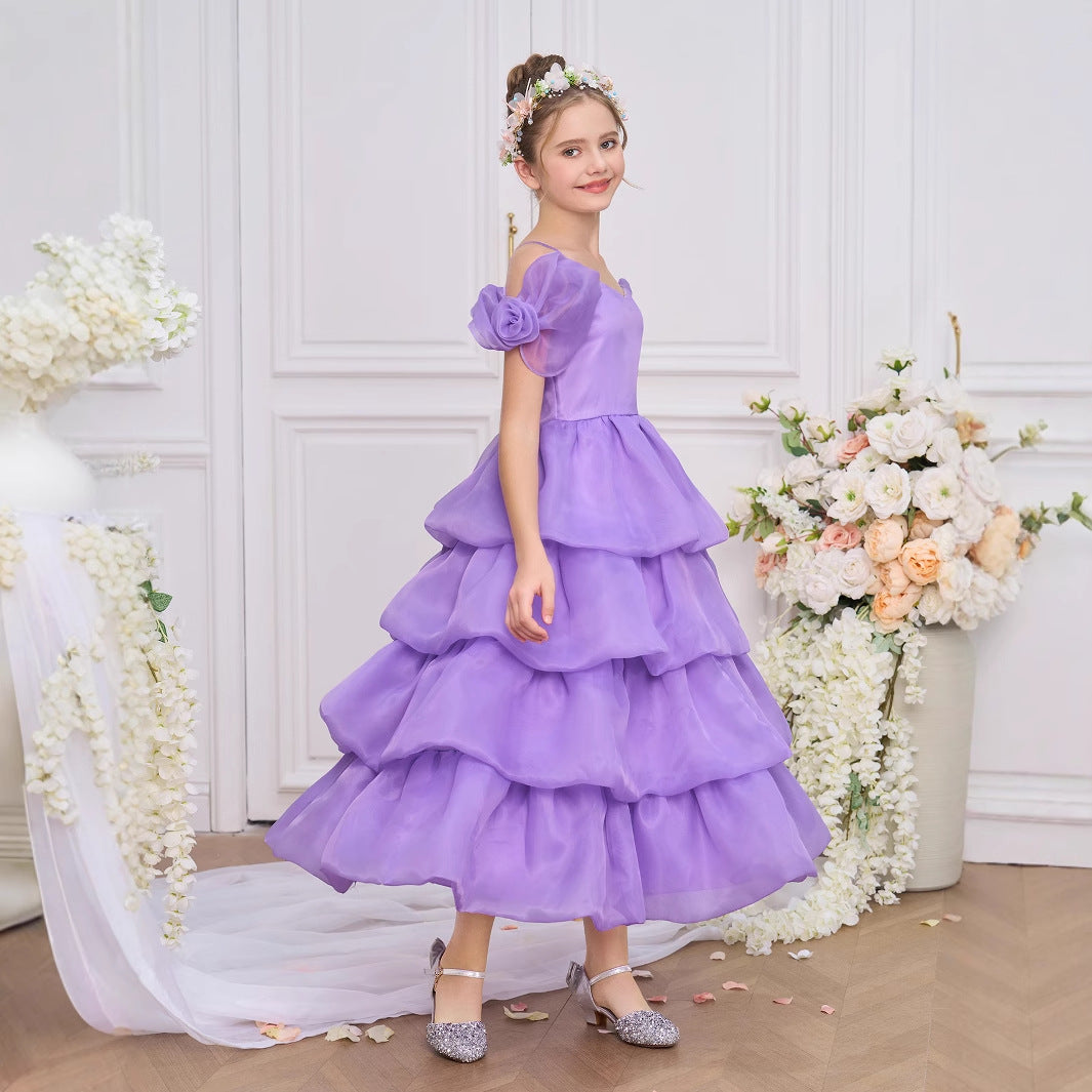 Purple Off-Shoulder Tiered Organza Maxi Dress for Girls (5-13Y) – Party & Formal Wear
