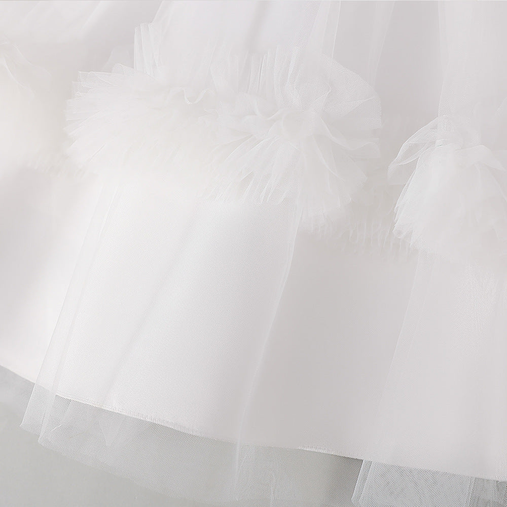 White Off Shoulder Tulle Maxi Dress for Girls | Cute A-Line Flower Girl Gown