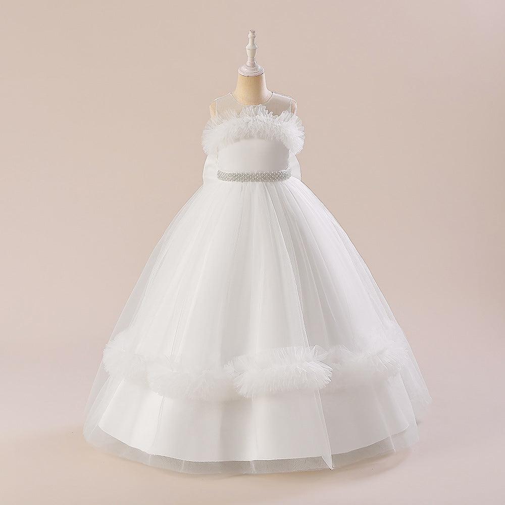 White Off Shoulder Tulle Maxi Dress for Girls | Cute A-Line Flower Girl Gown
