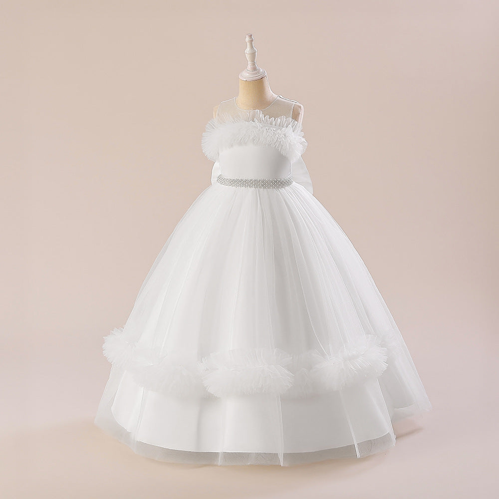 White Off Shoulder Tulle Maxi Dress for Girls | Cute A-Line Flower Girl Gown