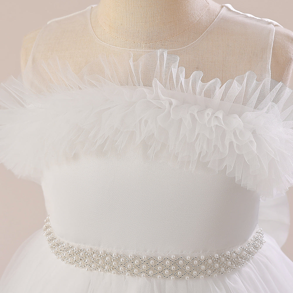 White Off Shoulder Tulle Maxi Dress for Girls | Cute A-Line Flower Girl Gown
