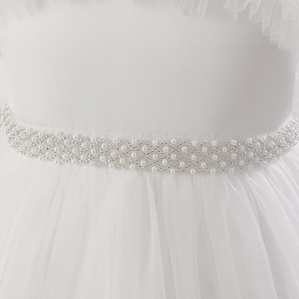 White Off Shoulder Tulle Maxi Dress for Girls | Cute A-Line Flower Girl Gown